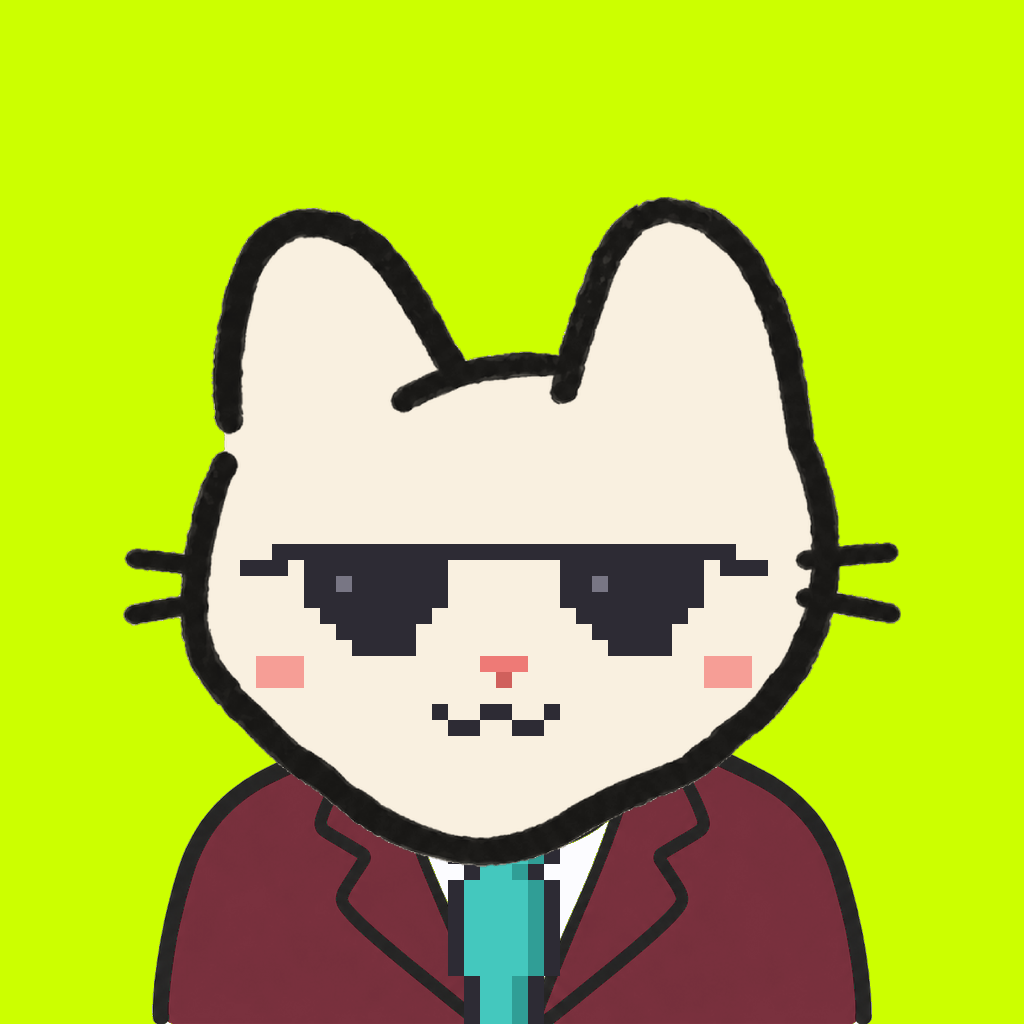 Employee #0448 — a cream cat, in a burgundy suit, with a teal tie, wearing shades glasses, on volt