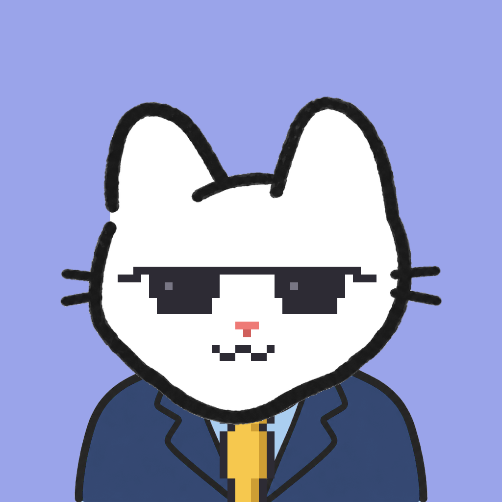 Employee #0449 — a white cat, in a navy suit, with a gold tie, wearing shades glasses, on periwinkle