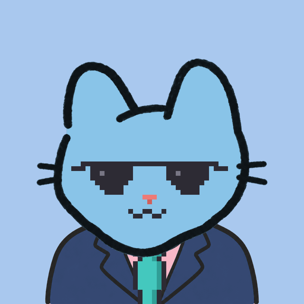 Employee #0045 — a sky cat, in a navy suit, with a teal tie, wearing shades glasses, on sky
