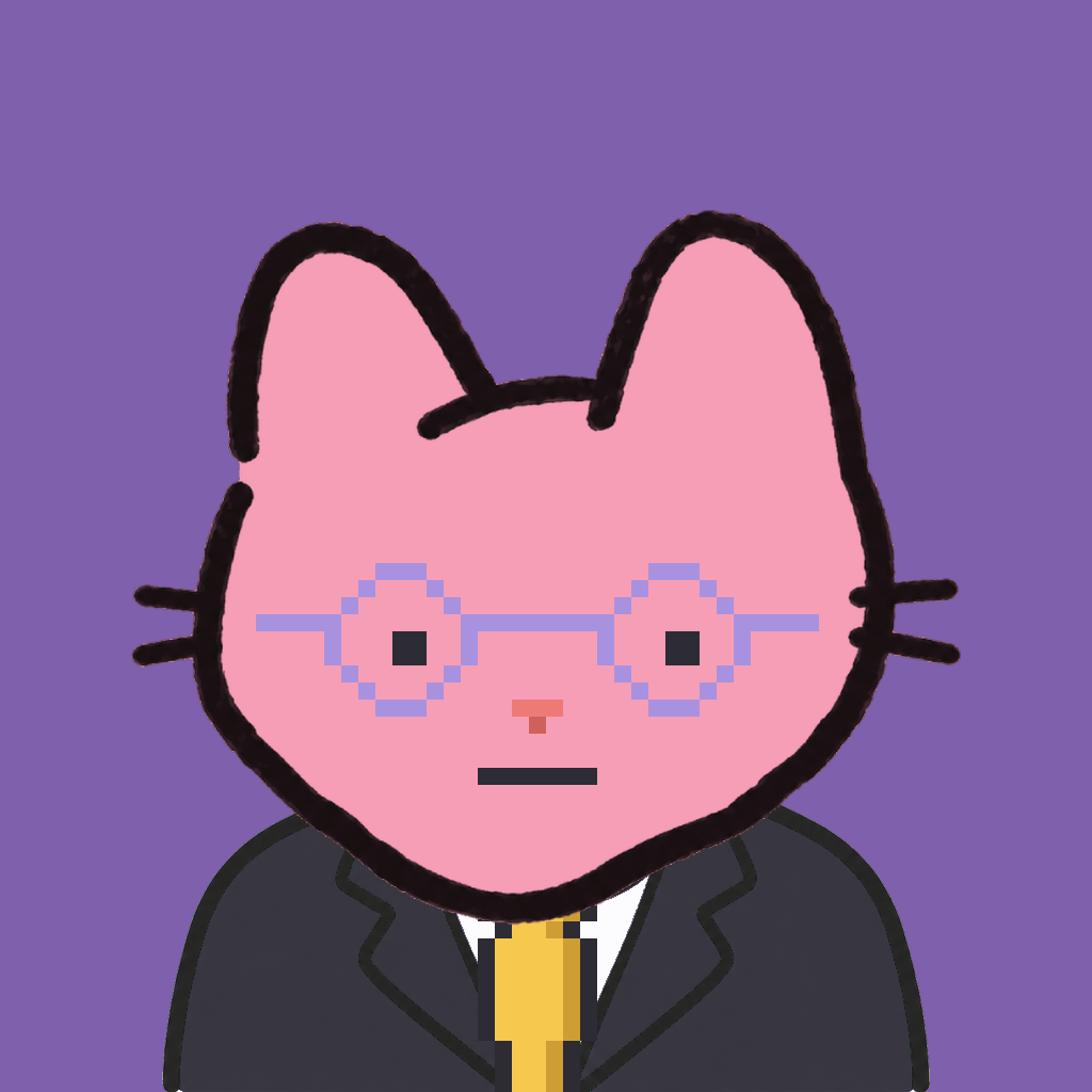 Employee #0450 — a pink cat, in a black suit, with a gold tie, wearing round-lavender glasses, on plasma violet