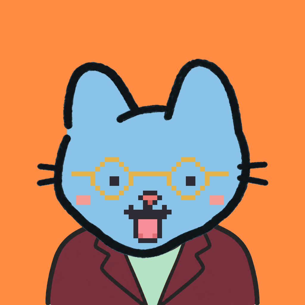 Employee #0451 — a sky cat, in a burgundy suit, wearing round-gold glasses, on tangerine