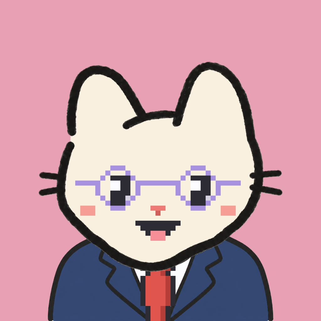 Employee #0452 — a cream cat, in a navy suit, with a red tie, wearing round-lavender glasses, on rose