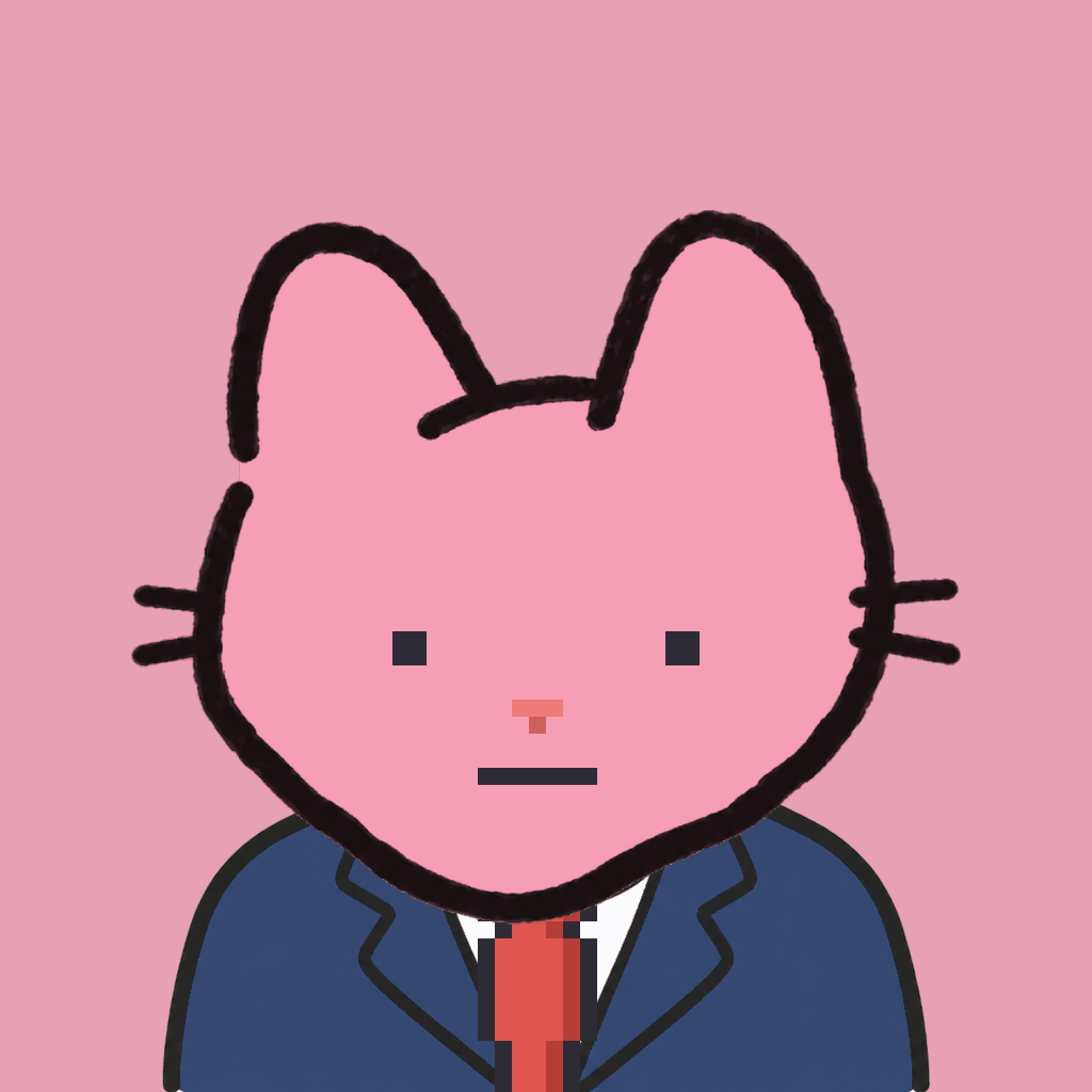 Employee #0453 — a pink cat, in a navy suit, with a red tie, on rose