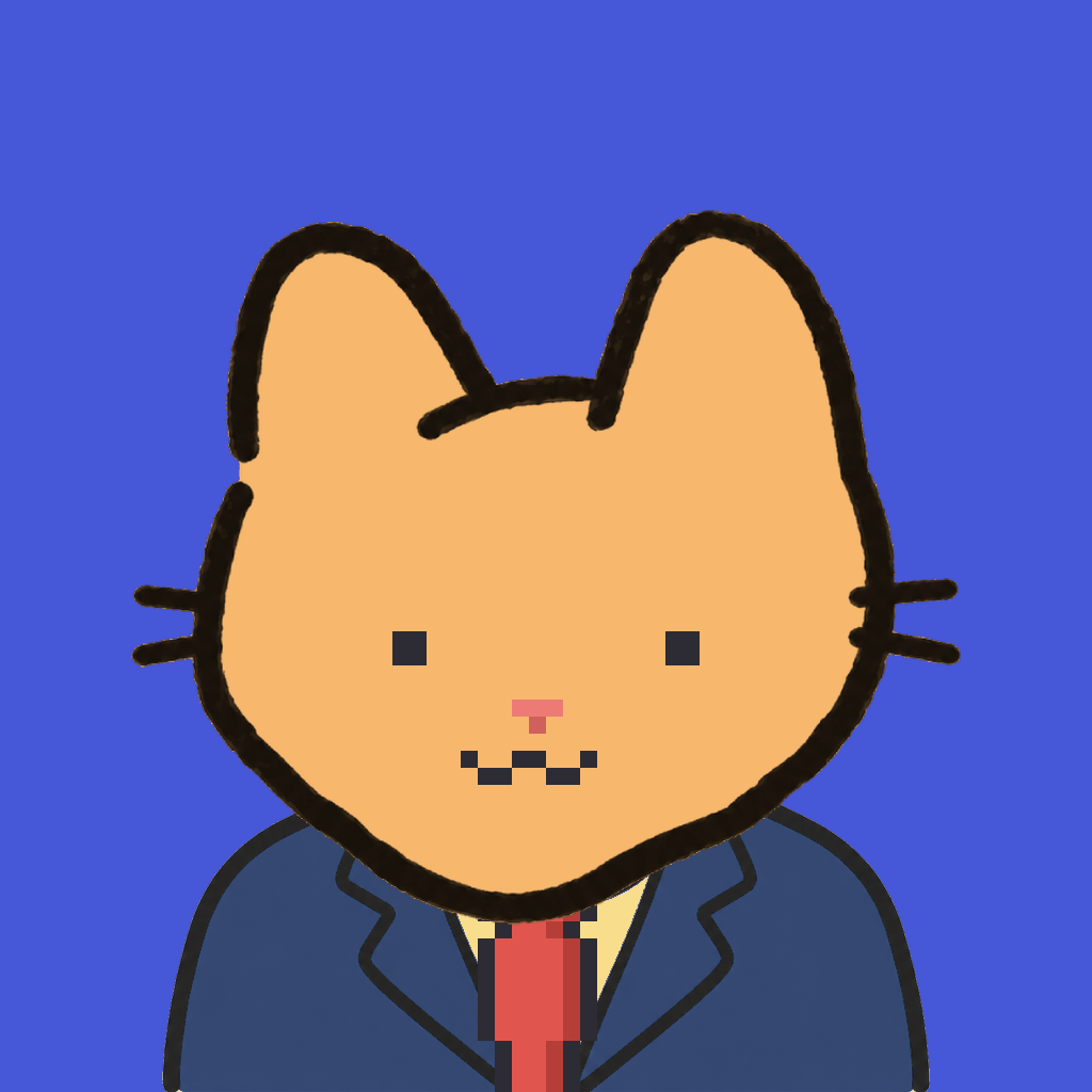 Employee #0454 — a tabby cat, in a navy suit, with a red tie, on royal