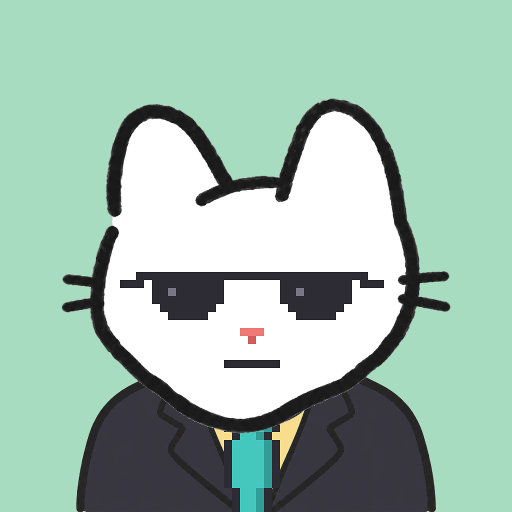 Employee #0456 — a white cat, in a black suit, with a teal tie, wearing shades glasses, on mint