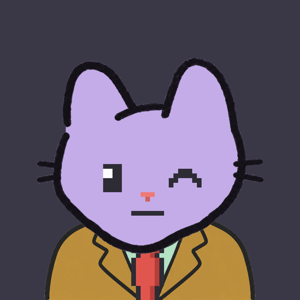 Employee #0457 — a lavender cat, in a mustard suit, with a red tie, on charcoal