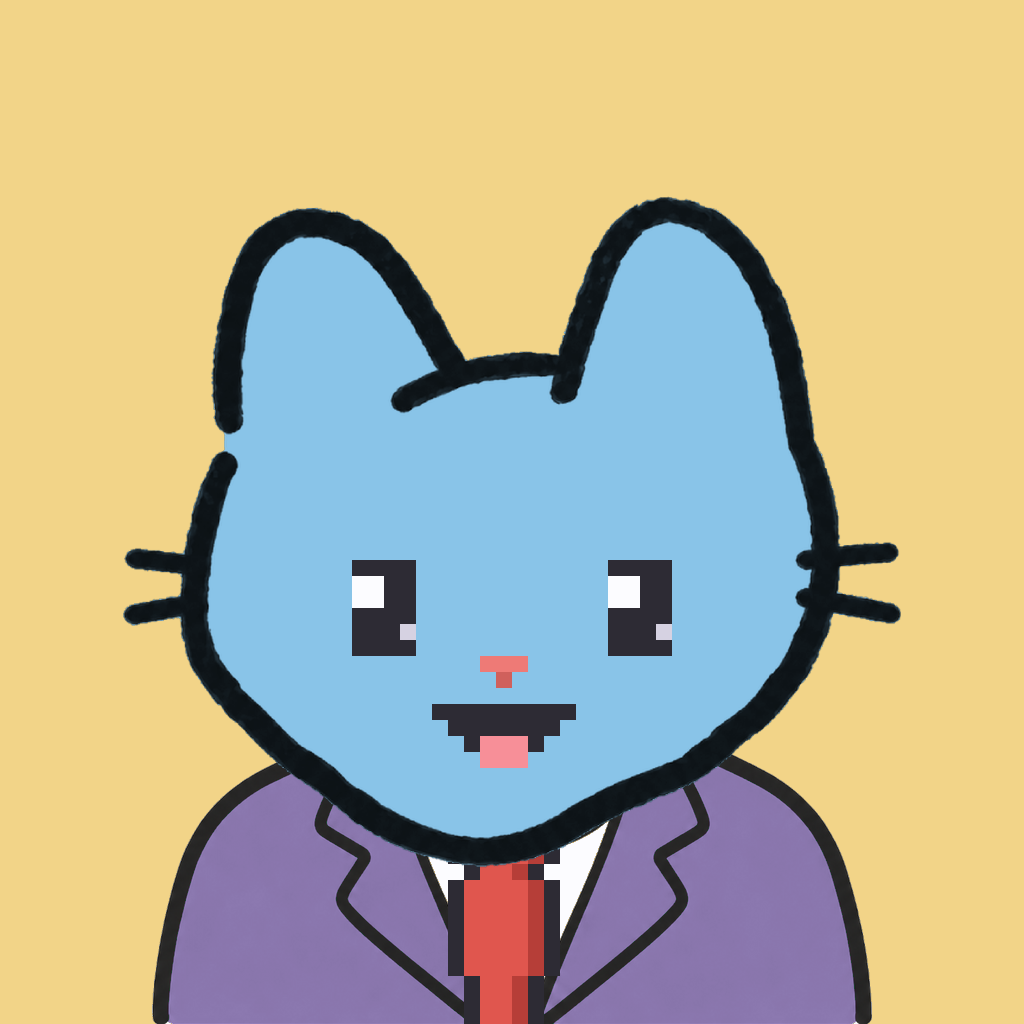 Employee #0458 — a sky cat, in a lavender suit, with a red tie, on butter