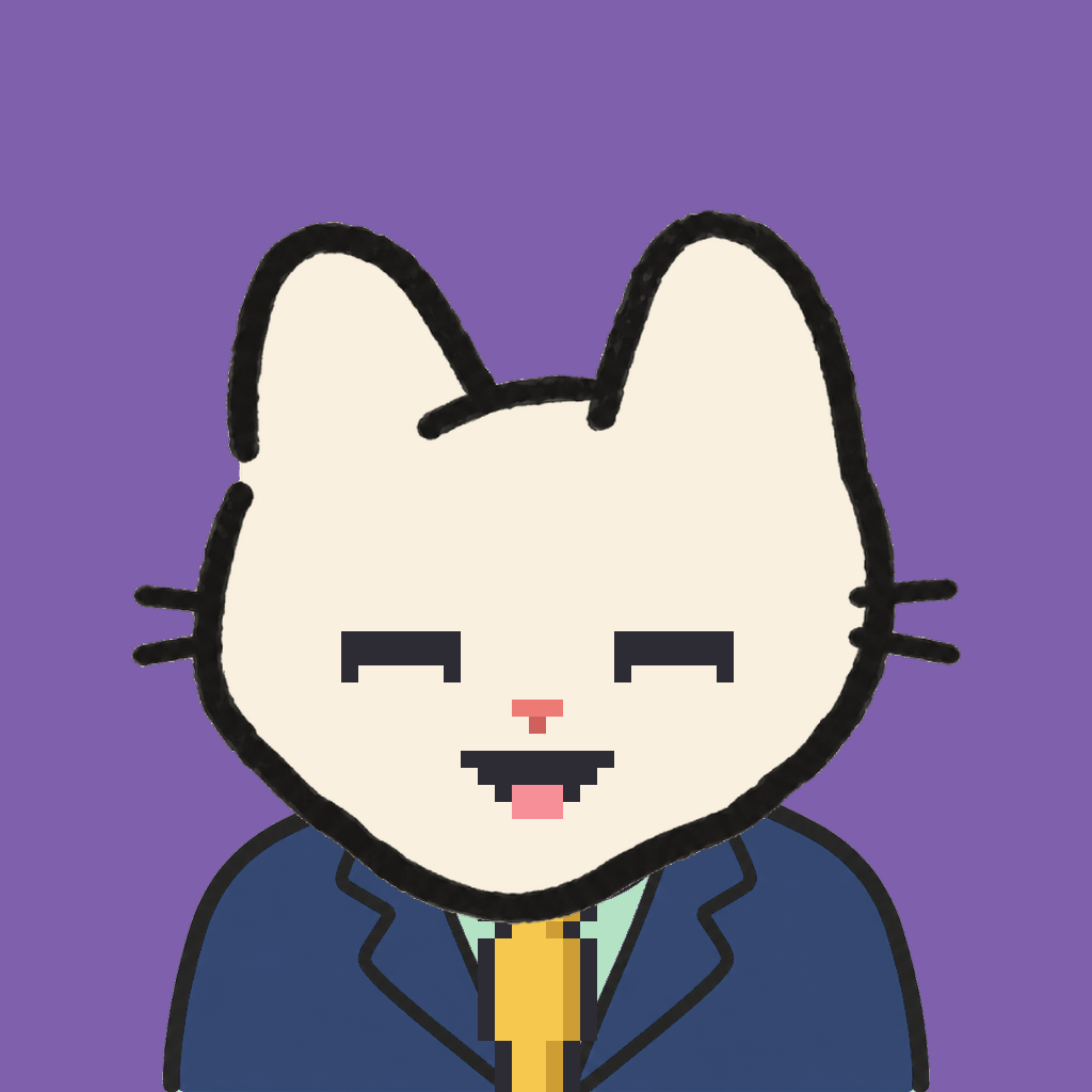 Employee #0459 — a cream cat, in a navy suit, with a gold tie, on plasma violet