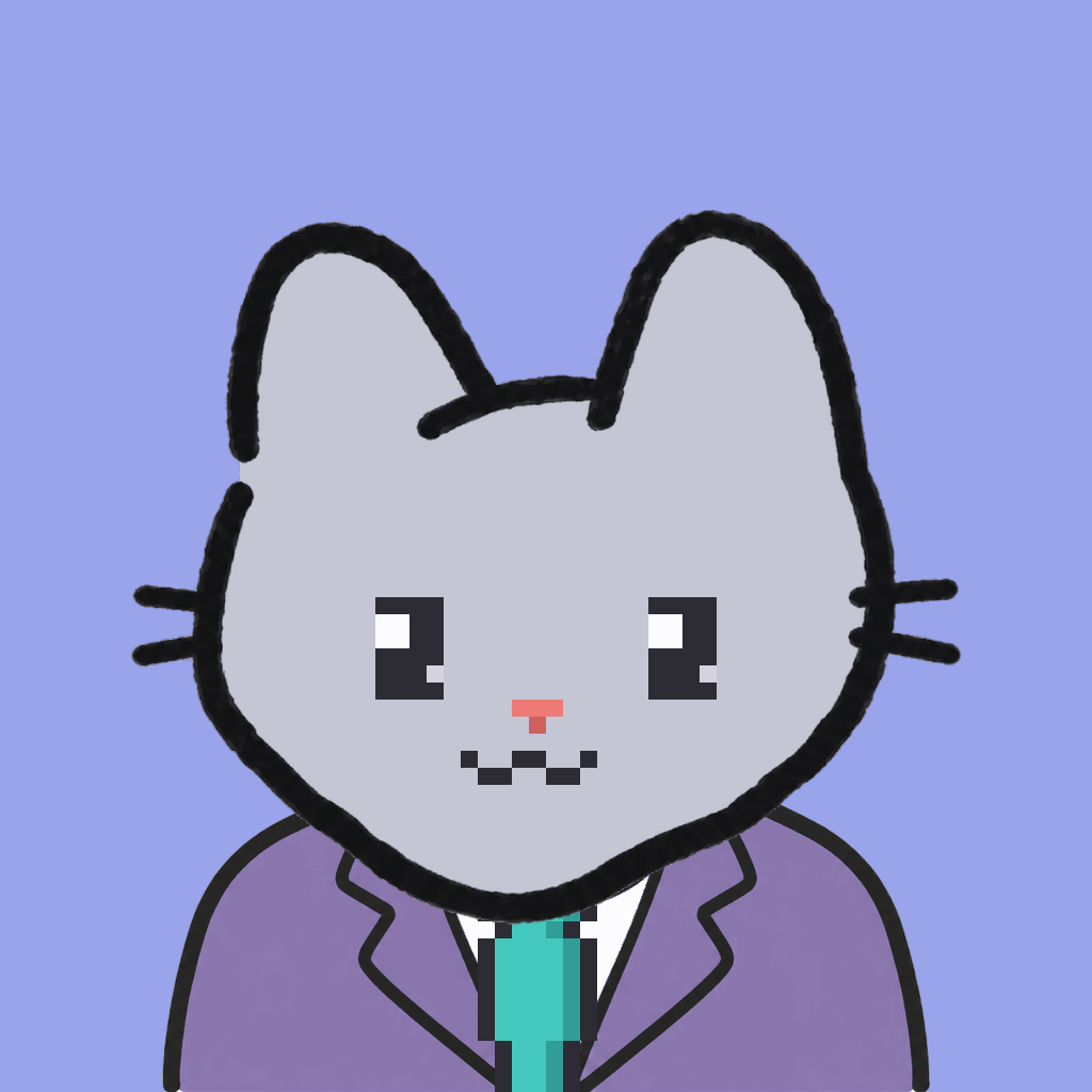 Employee #0046 — a gray cat, in a lavender suit, with a teal tie, on periwinkle