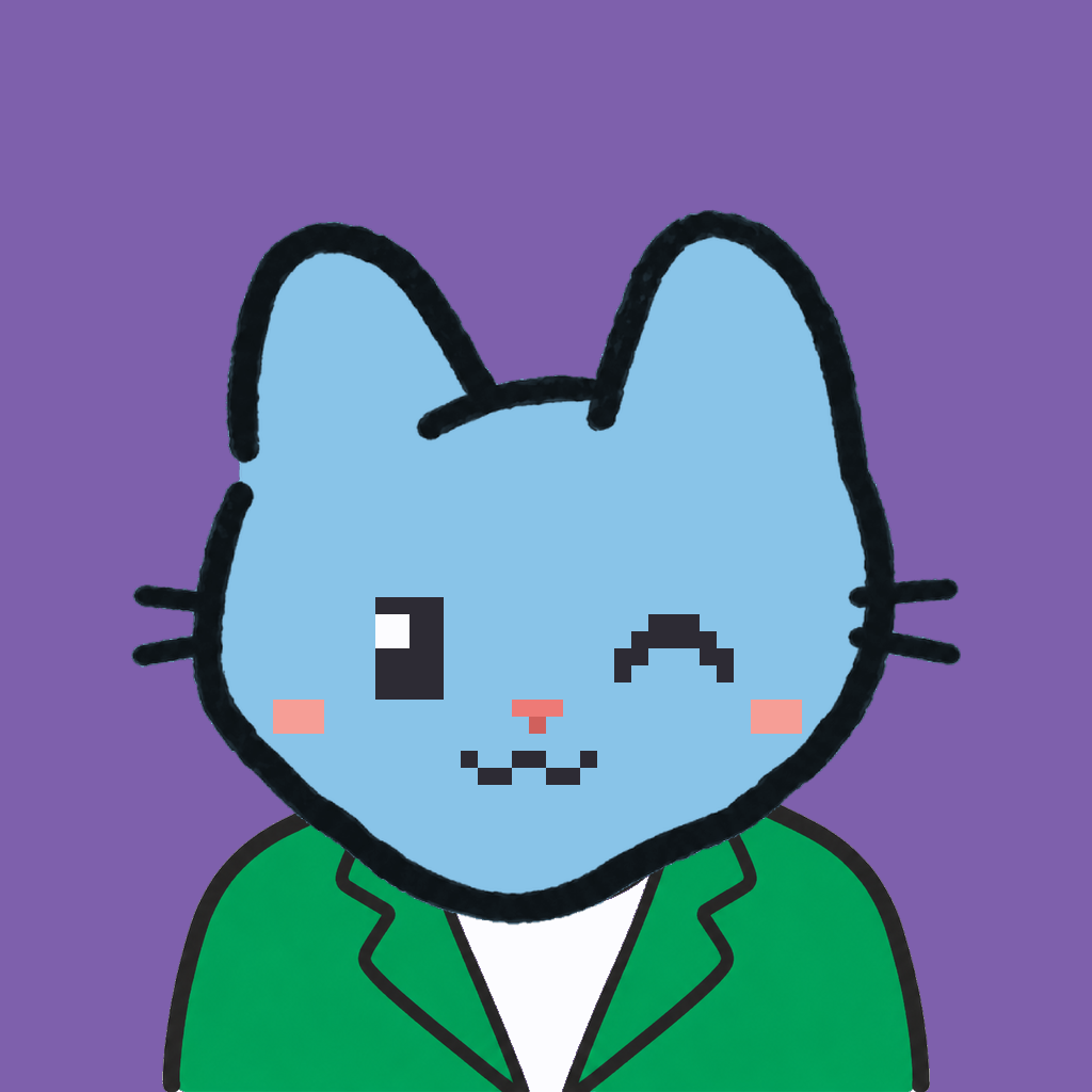 Employee #0460 — a sky cat, in a green suit, on plasma violet