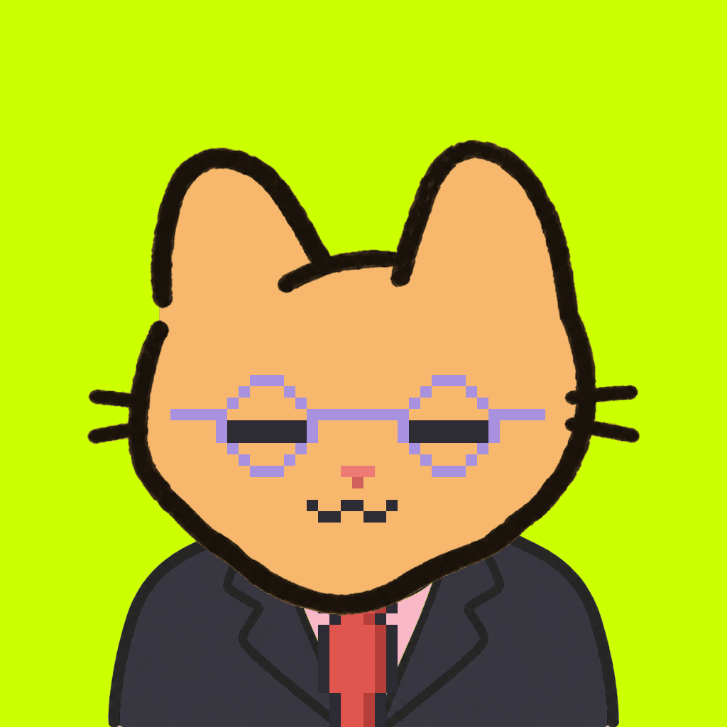 Employee #0461 — a tabby cat, in a black suit, with a red tie, wearing round-lavender glasses, on volt