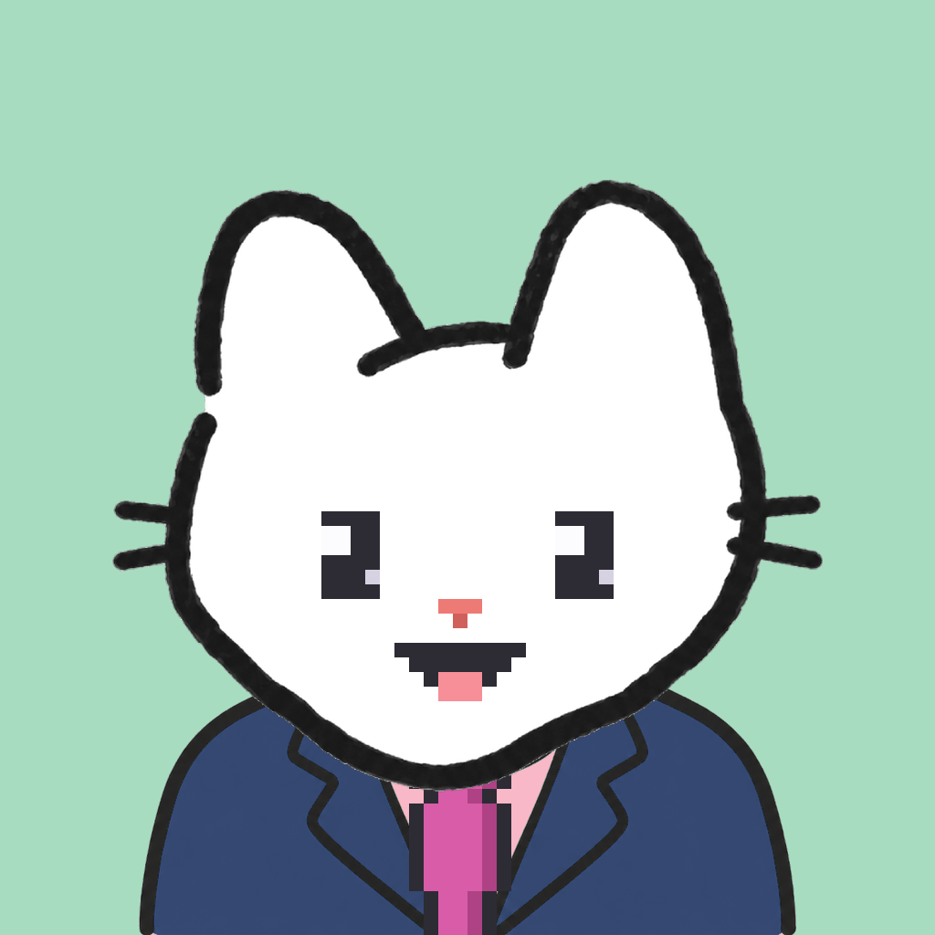 Employee #0462 — a white cat, in a navy suit, with a magenta tie, on mint