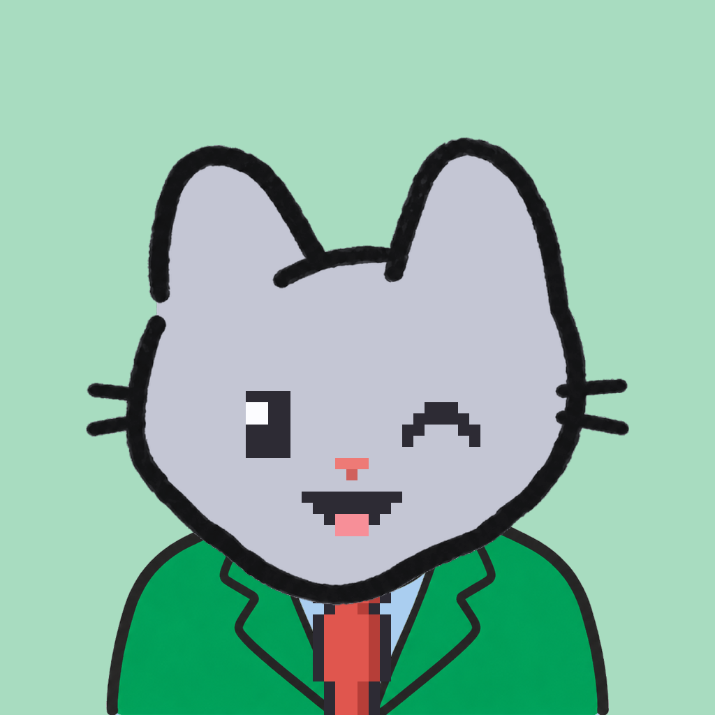Employee #0463 — a gray cat, in a green suit, with a red tie, on mint