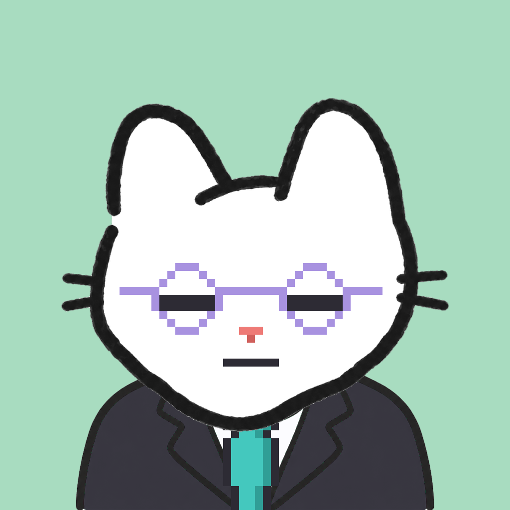 Employee #0464 — a white cat, in a black suit, with a teal tie, wearing round-lavender glasses, on mint