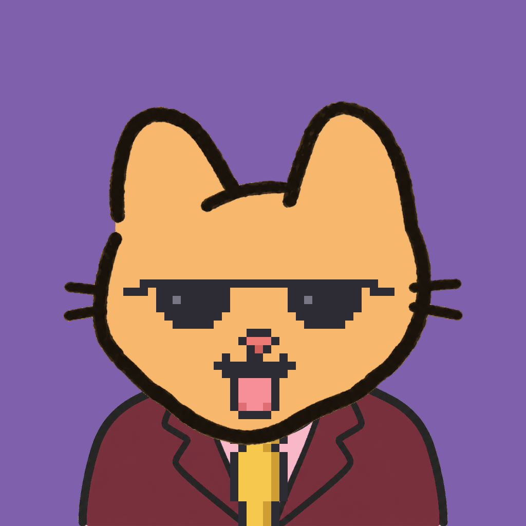 Employee #0466 — a tabby cat, in a burgundy suit, with a gold tie, wearing shades glasses, on plasma violet