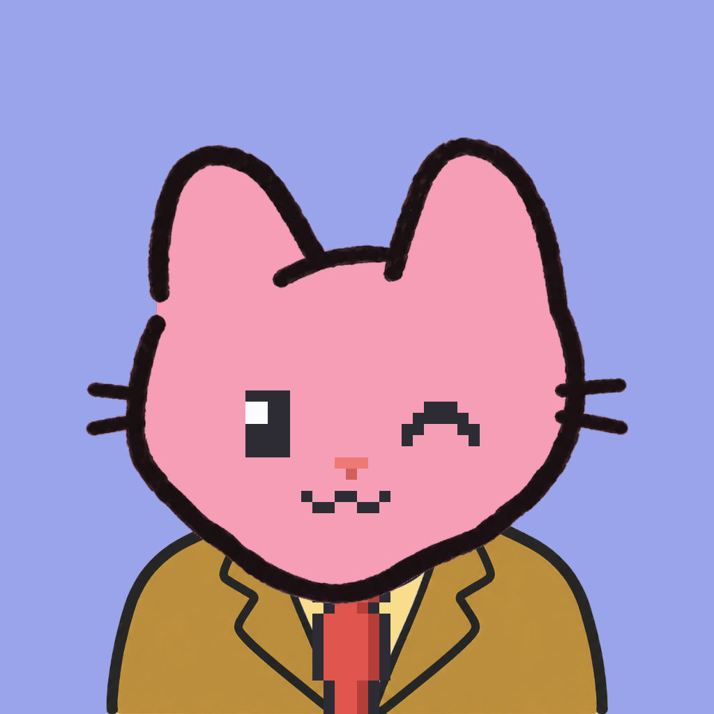 Employee #0467 — a pink cat, in a mustard suit, with a red tie, on periwinkle