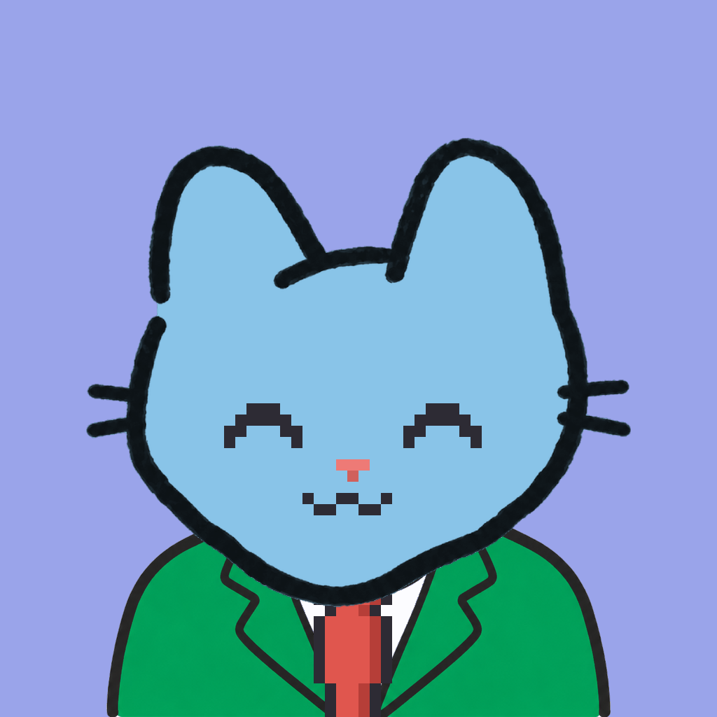 Employee #0468 — a sky cat, in a green suit, with a red tie, on periwinkle
