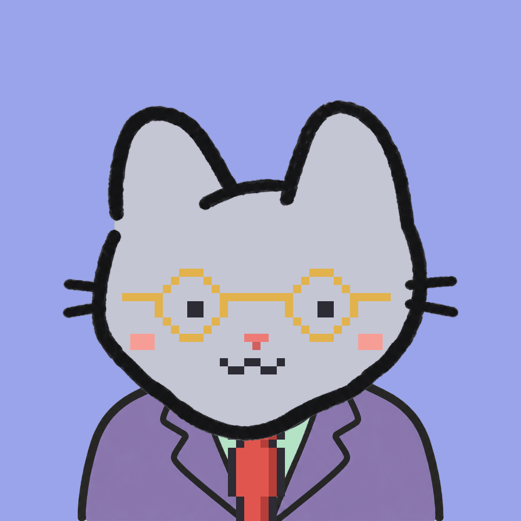 Employee #0469 — a gray cat, in a lavender suit, with a red tie, wearing round-gold glasses, on periwinkle