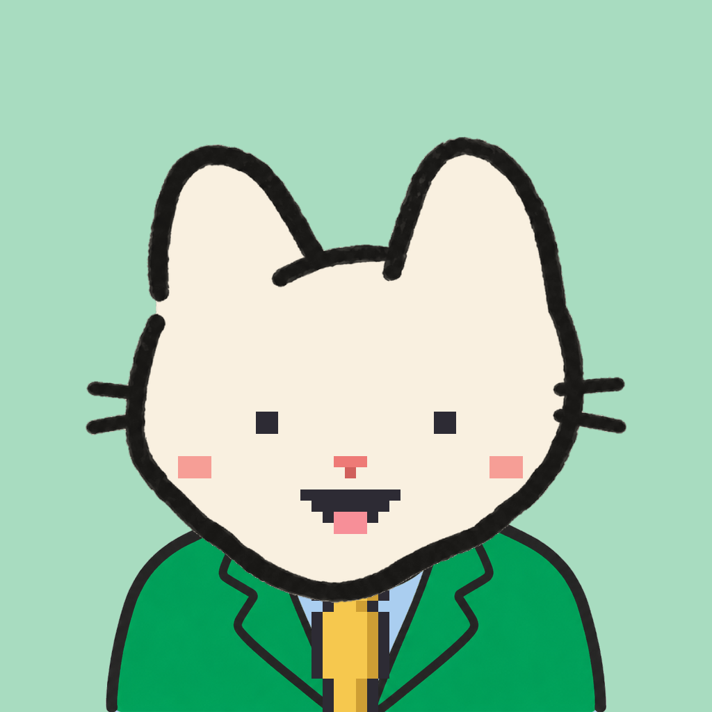 Employee #0047 — a cream cat, in a green suit, with a gold tie, on mint