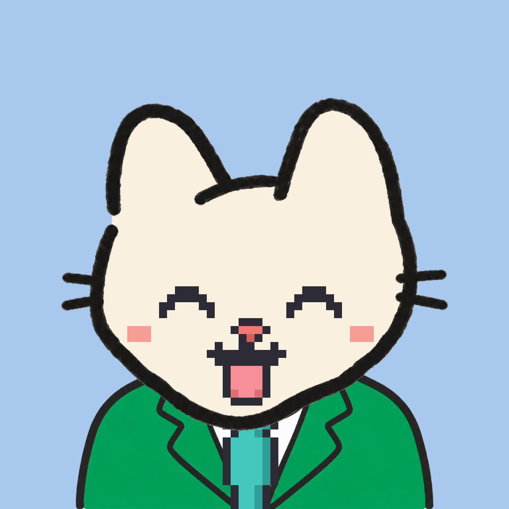 Employee #0470 — a cream cat, in a green suit, with a teal tie, on sky