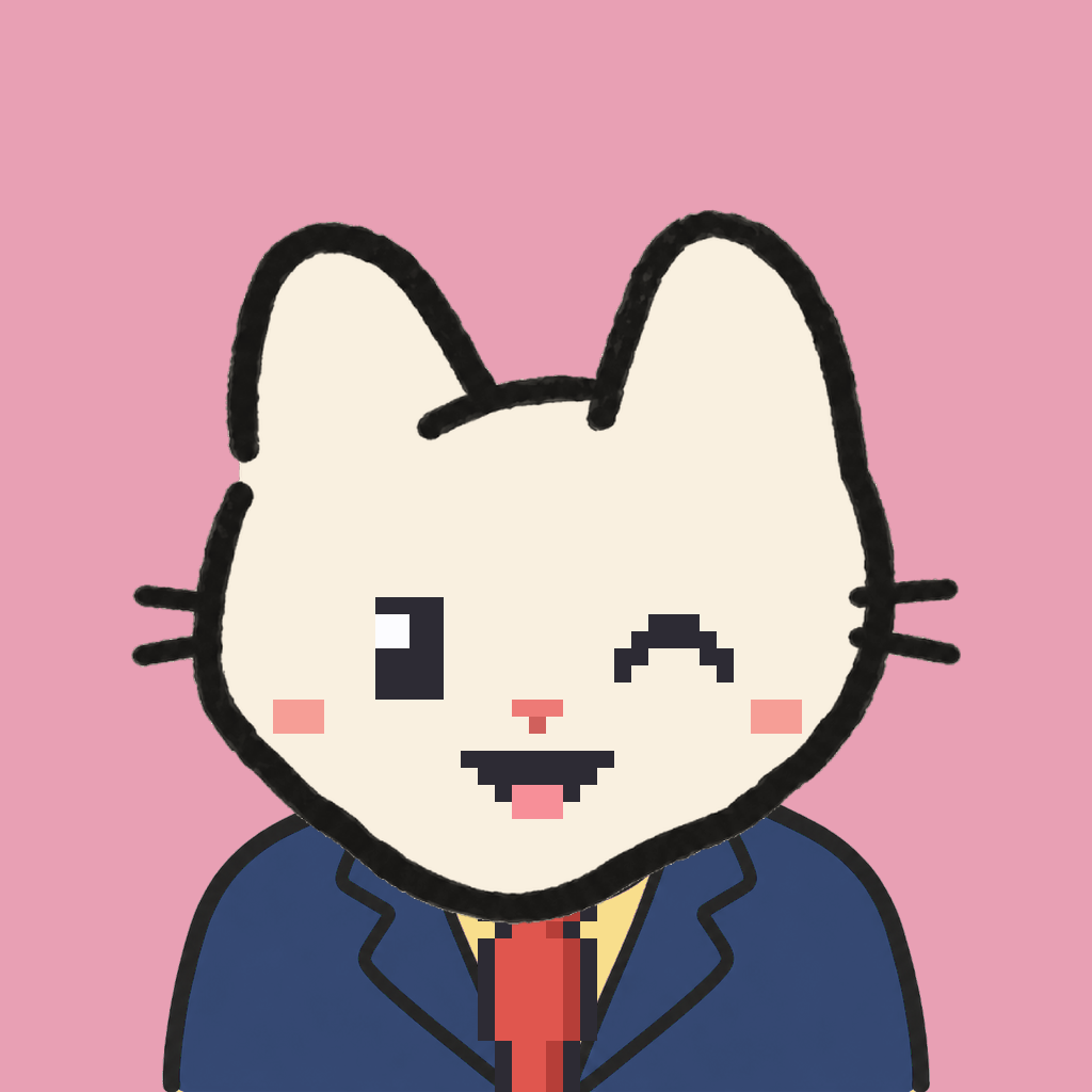 Employee #0471 — a cream cat, in a navy suit, with a red tie, on rose