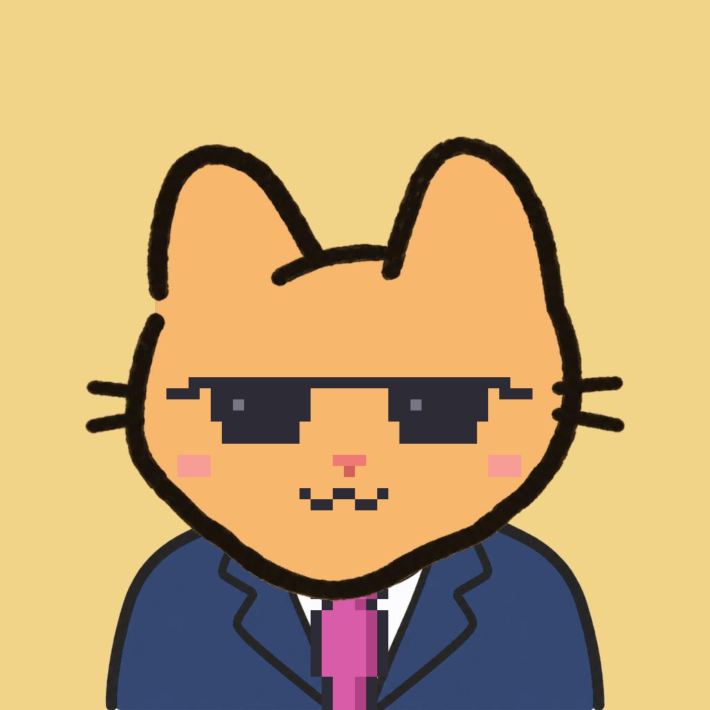 Employee #0472 — a tabby cat, in a navy suit, with a magenta tie, wearing shades glasses, on butter