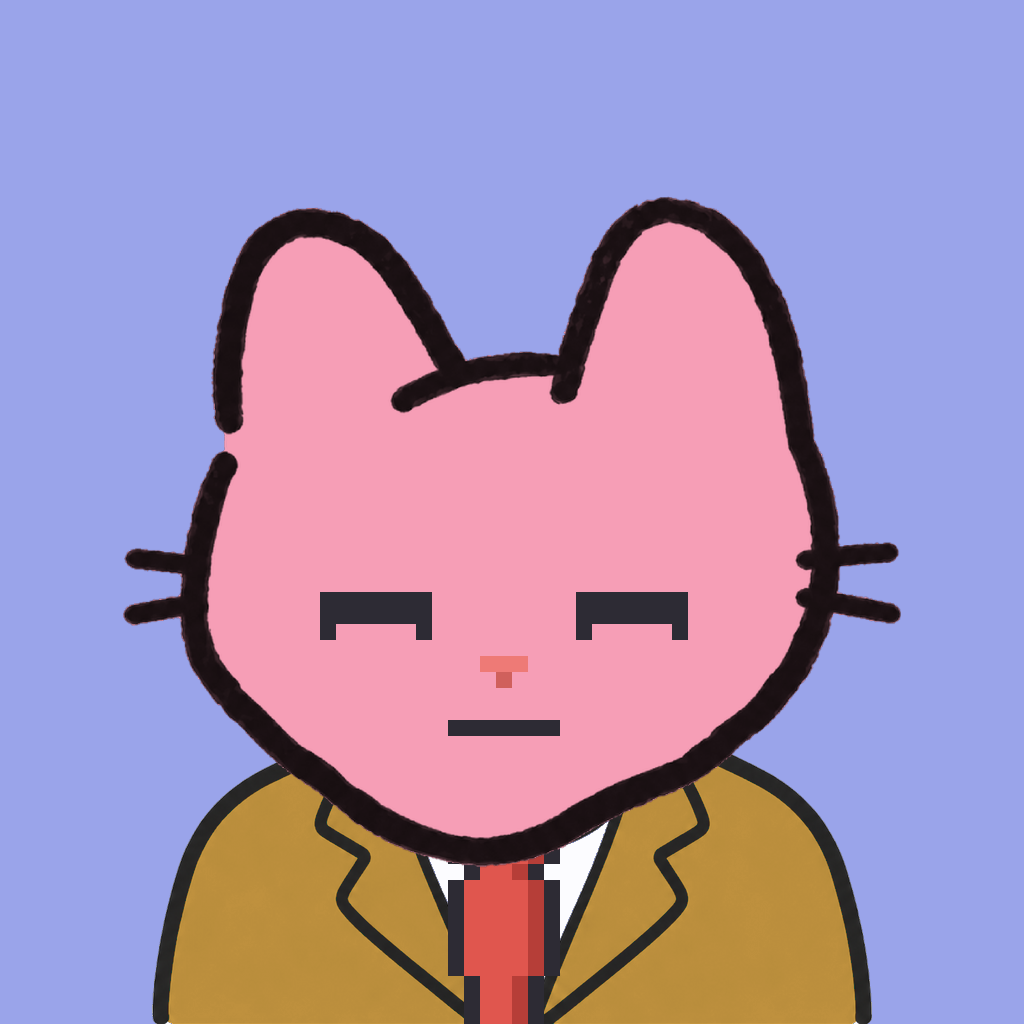 Employee #0473 — a pink cat, in a mustard suit, with a red tie, on periwinkle