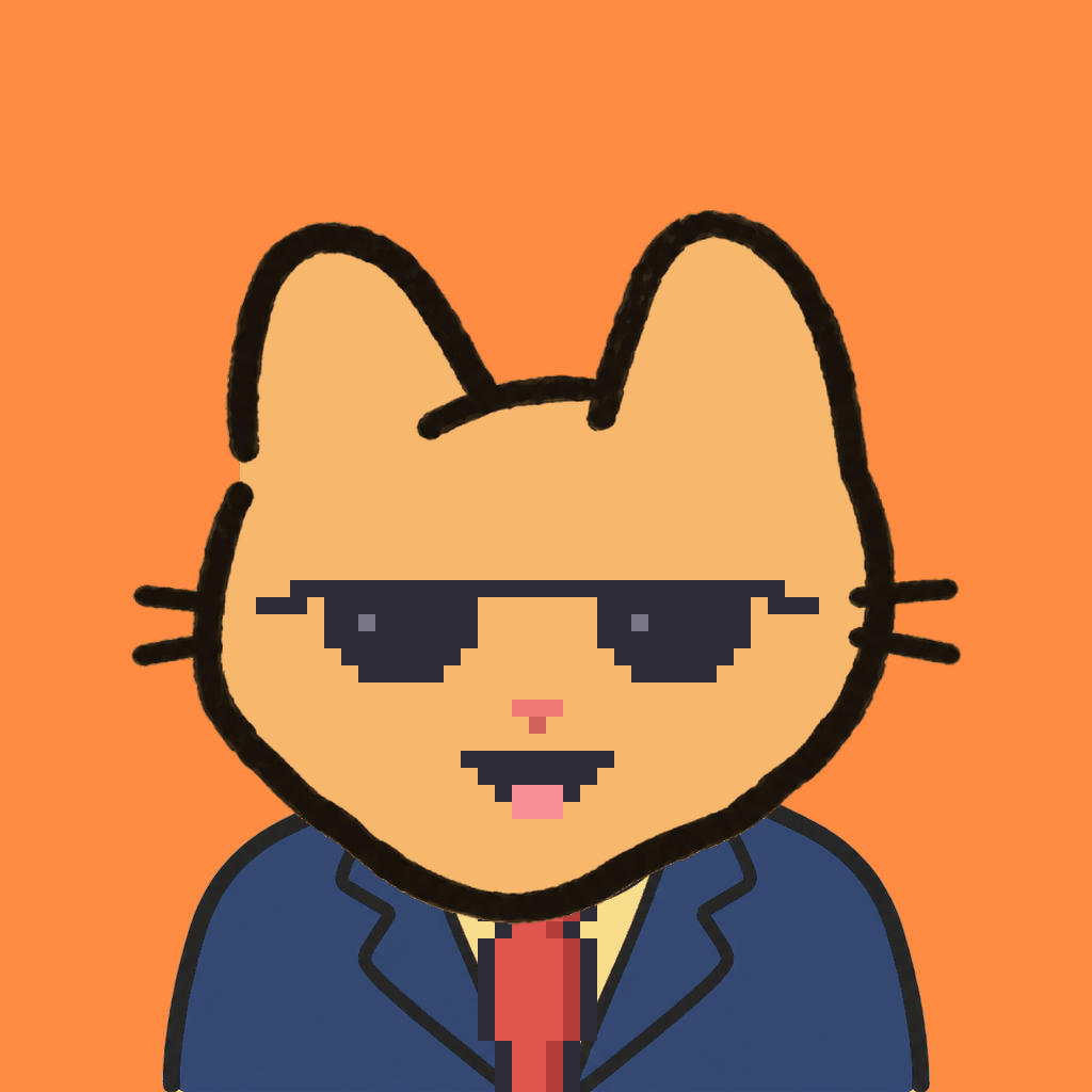 Employee #0474 — a tabby cat, in a navy suit, with a red tie, wearing shades glasses, on tangerine