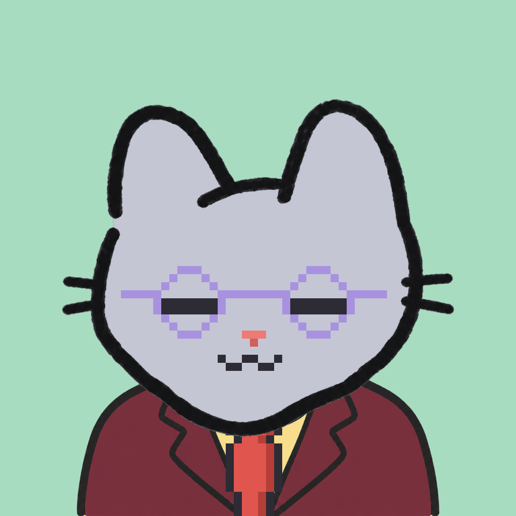 Employee #0475 — a gray cat, in a burgundy suit, with a red tie, wearing round-lavender glasses, on mint