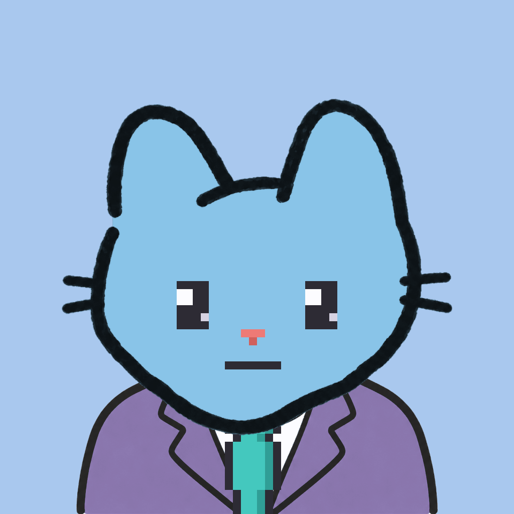 Employee #0476 — a sky cat, in a lavender suit, with a teal tie, on sky