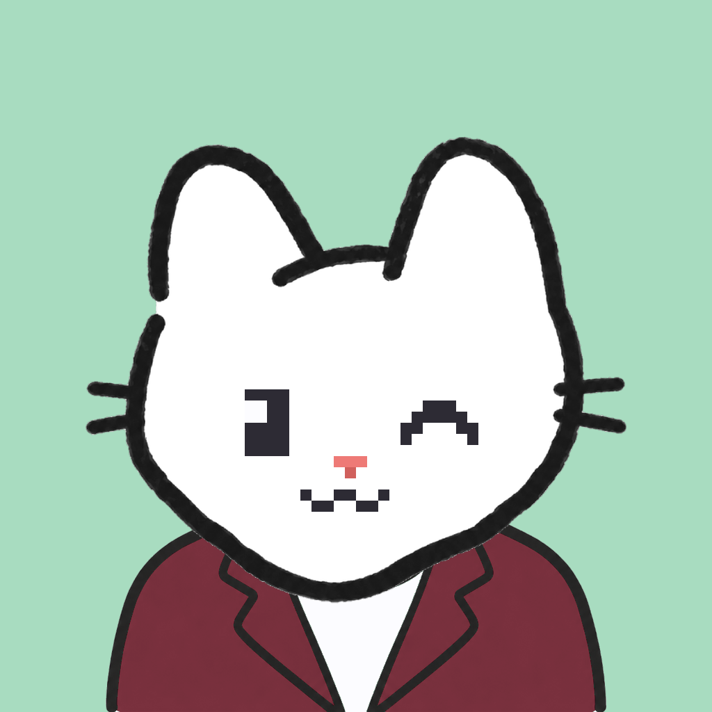 Employee #0477 — a white cat, in a burgundy suit, on mint