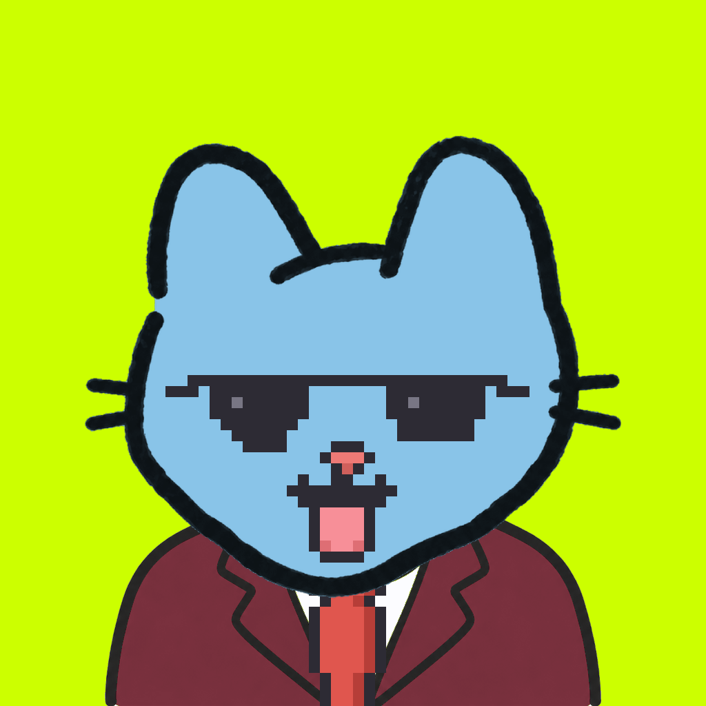 Employee #0478 — a sky cat, in a burgundy suit, with a red tie, wearing shades glasses, on volt