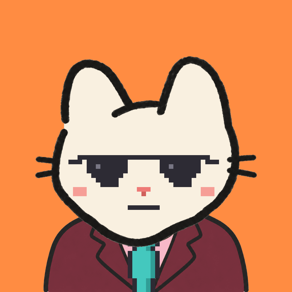 Employee #0479 — a cream cat, in a burgundy suit, with a teal tie, wearing shades glasses, on tangerine