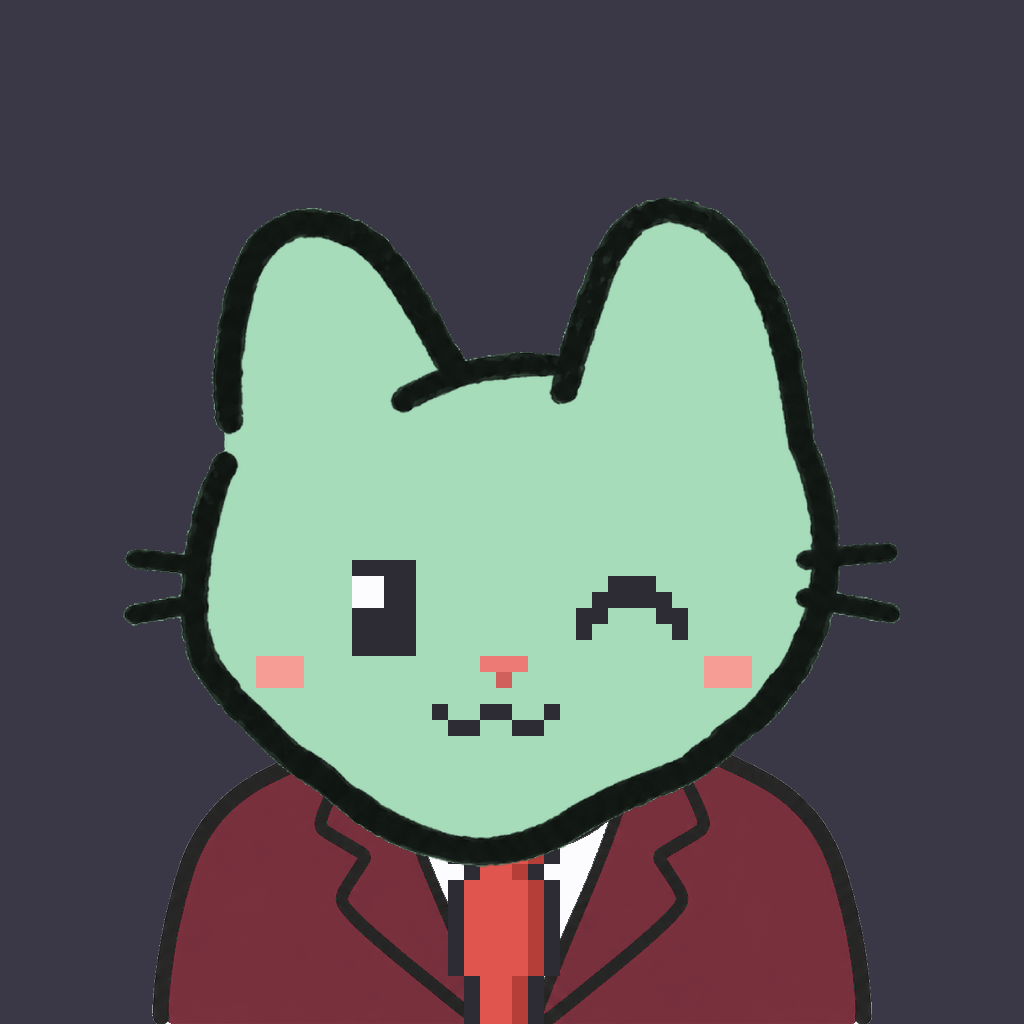Employee #0048 — a mint cat, in a burgundy suit, with a red tie, on charcoal