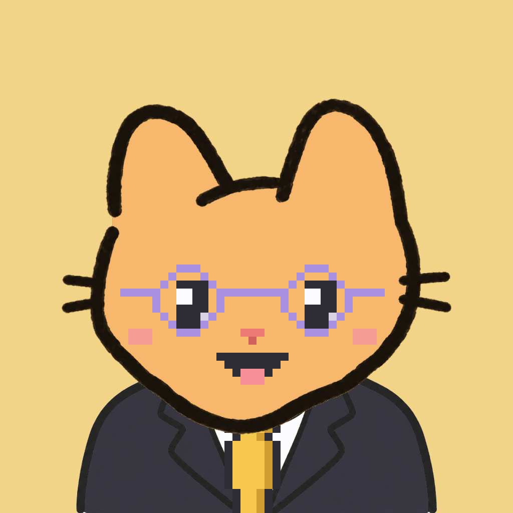 Employee #0480 — a tabby cat, in a black suit, with a gold tie, wearing round-lavender glasses, on butter
