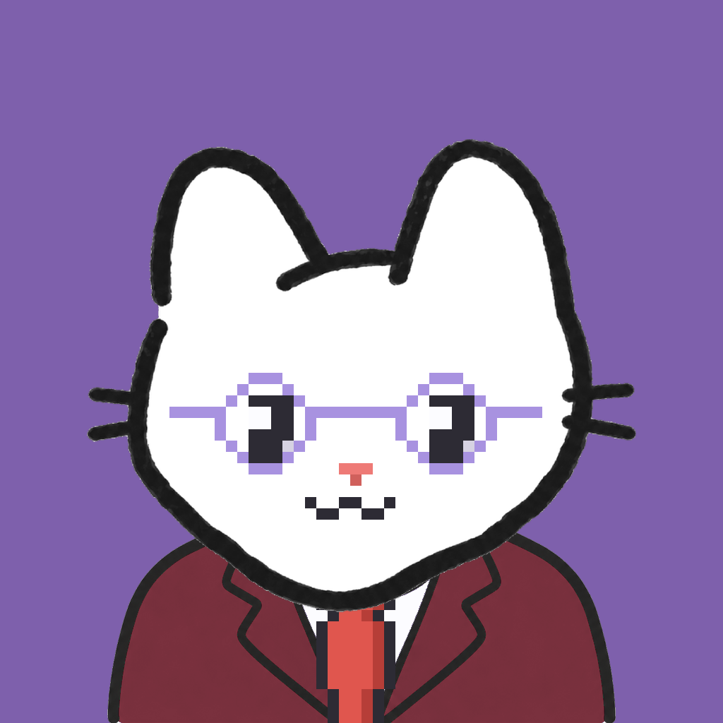 Employee #0481 — a white cat, in a burgundy suit, with a red tie, wearing round-lavender glasses, on plasma violet
