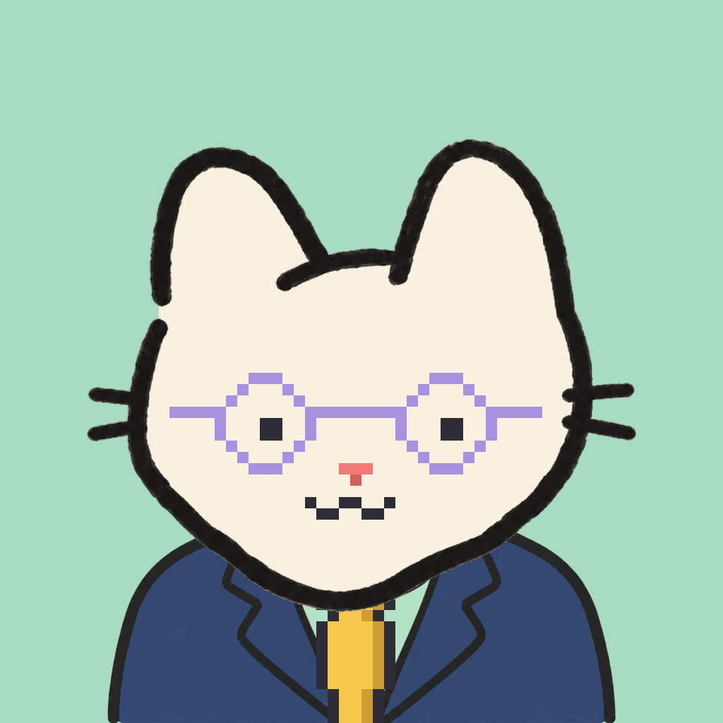 Employee #0482 — a cream cat, in a navy suit, with a gold tie, wearing round-lavender glasses, on mint