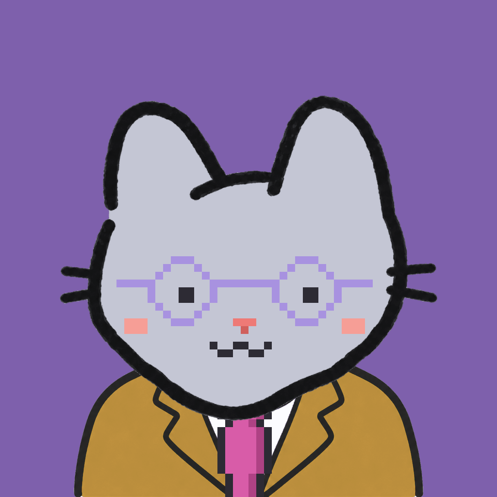 Employee #0483 — a gray cat, in a mustard suit, with a magenta tie, wearing round-lavender glasses, on plasma violet