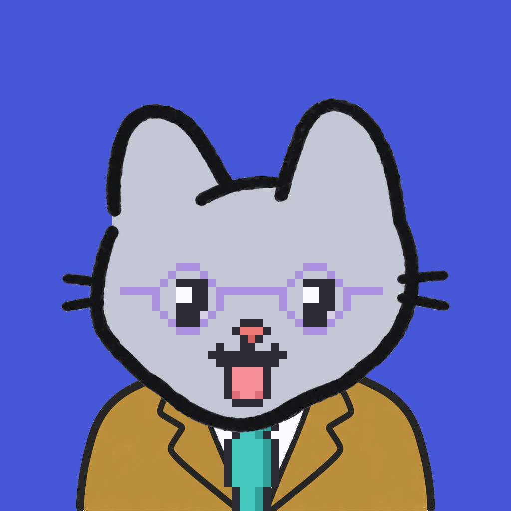 Employee #0484 — a gray cat, in a mustard suit, with a teal tie, wearing round-lavender glasses, on royal