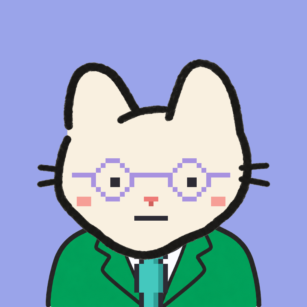 Employee #0485 — a cream cat, in a green suit, with a teal tie, wearing round-lavender glasses, on periwinkle