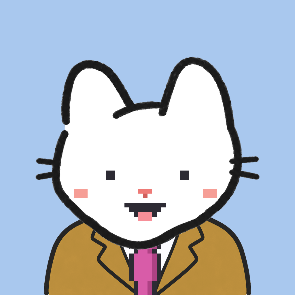 Employee #0486 — a white cat, in a mustard suit, with a magenta tie, on sky