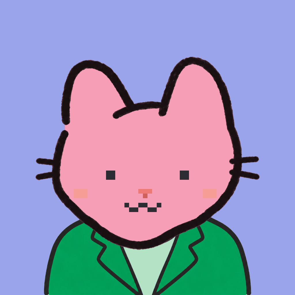 Employee #0487 — a pink cat, in a green suit, on periwinkle
