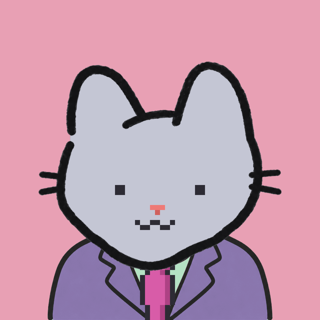 Employee #0488 — a gray cat, in a lavender suit, with a magenta tie, on rose