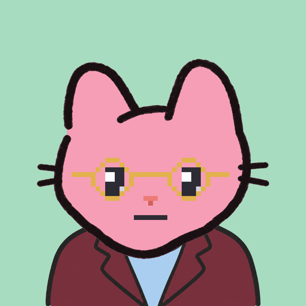 Employee #0489 — a pink cat, in a burgundy suit, wearing round-gold glasses, on mint