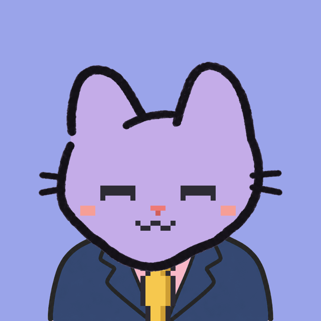 Employee #0049 — a lavender cat, in a navy suit, with a gold tie, on periwinkle