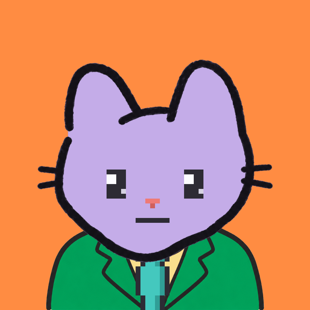 Employee #0490 — a lavender cat, in a green suit, with a teal tie, on tangerine