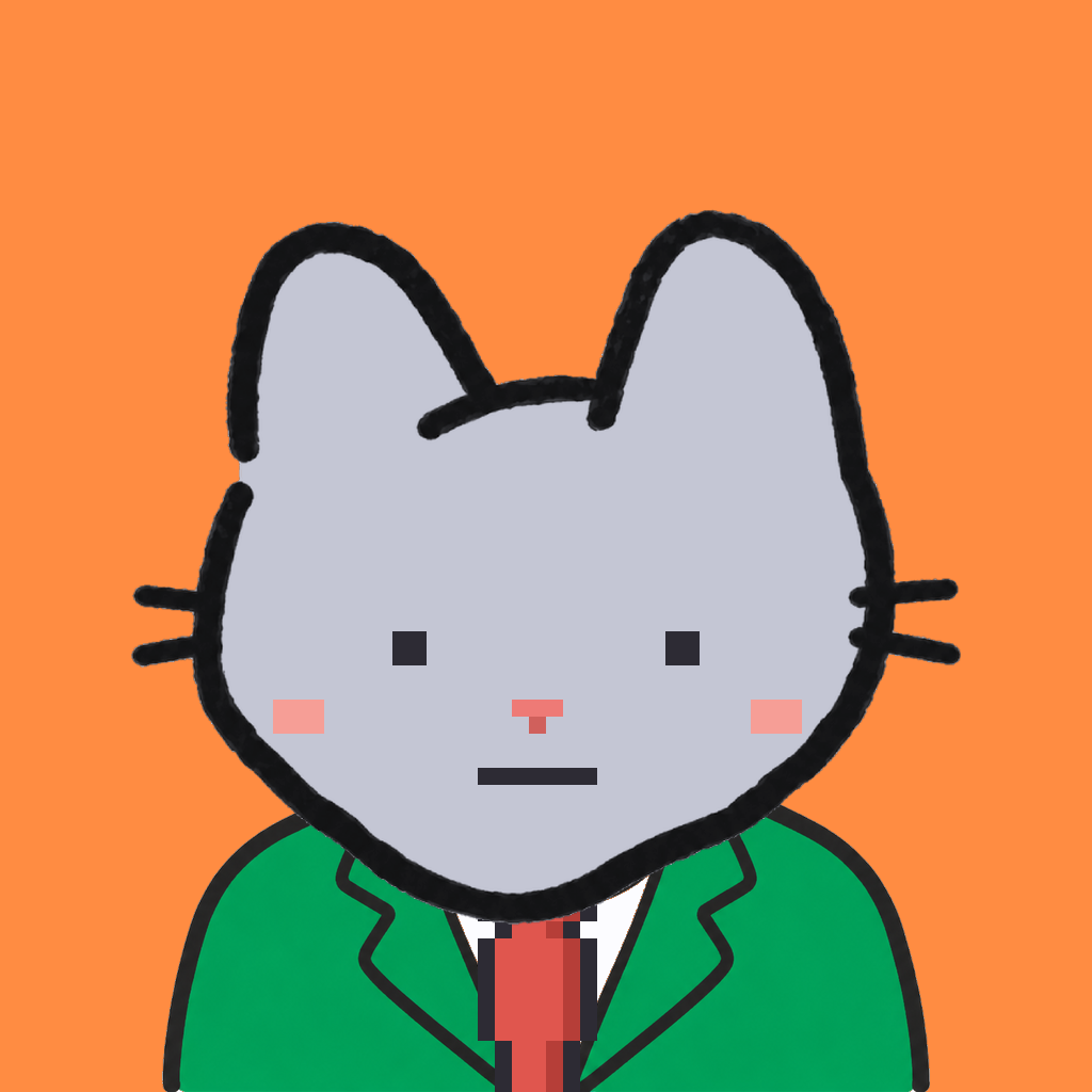 Employee #0491 — a gray cat, in a green suit, with a red tie, on tangerine