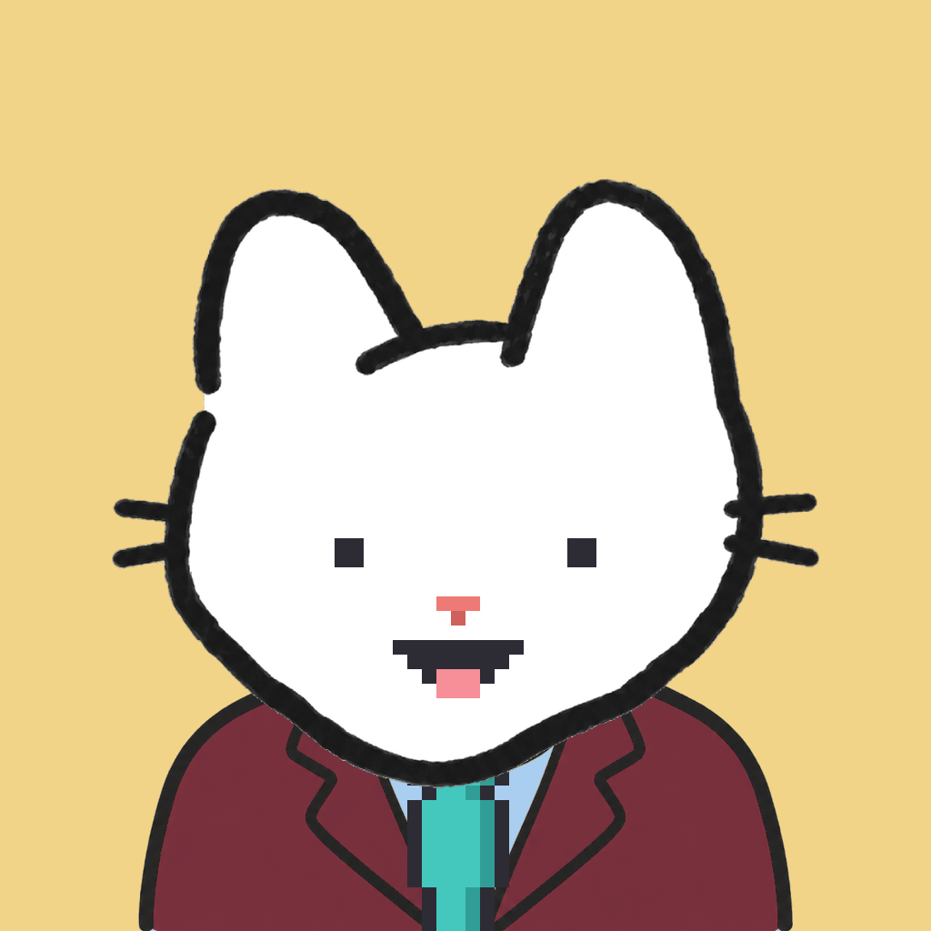 Employee #0492 — a white cat, in a burgundy suit, with a teal tie, on butter
