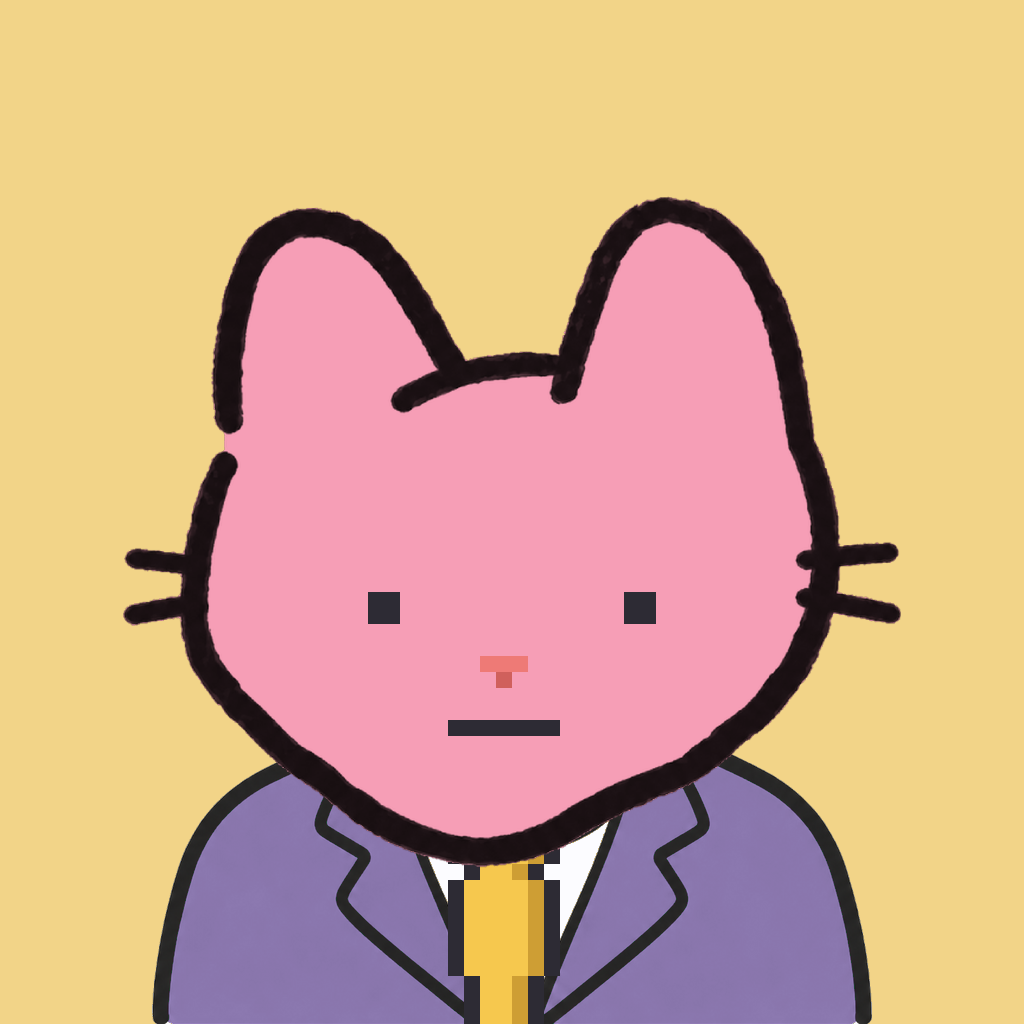 Employee #0493 — a pink cat, in a lavender suit, with a gold tie, on butter