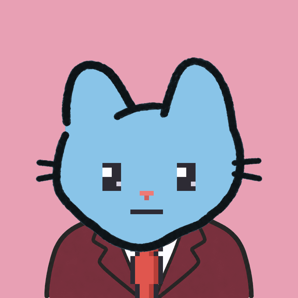 Employee #0494 — a sky cat, in a burgundy suit, with a red tie, on rose
